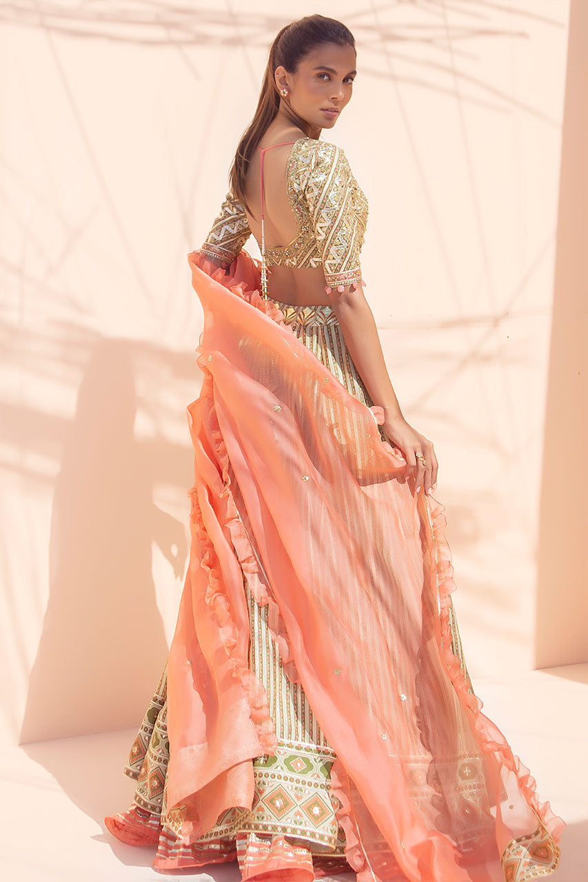 Pakistani Gold Gota Embroidered Khaddi Silk Lehenga (3-Piece) - Image 2