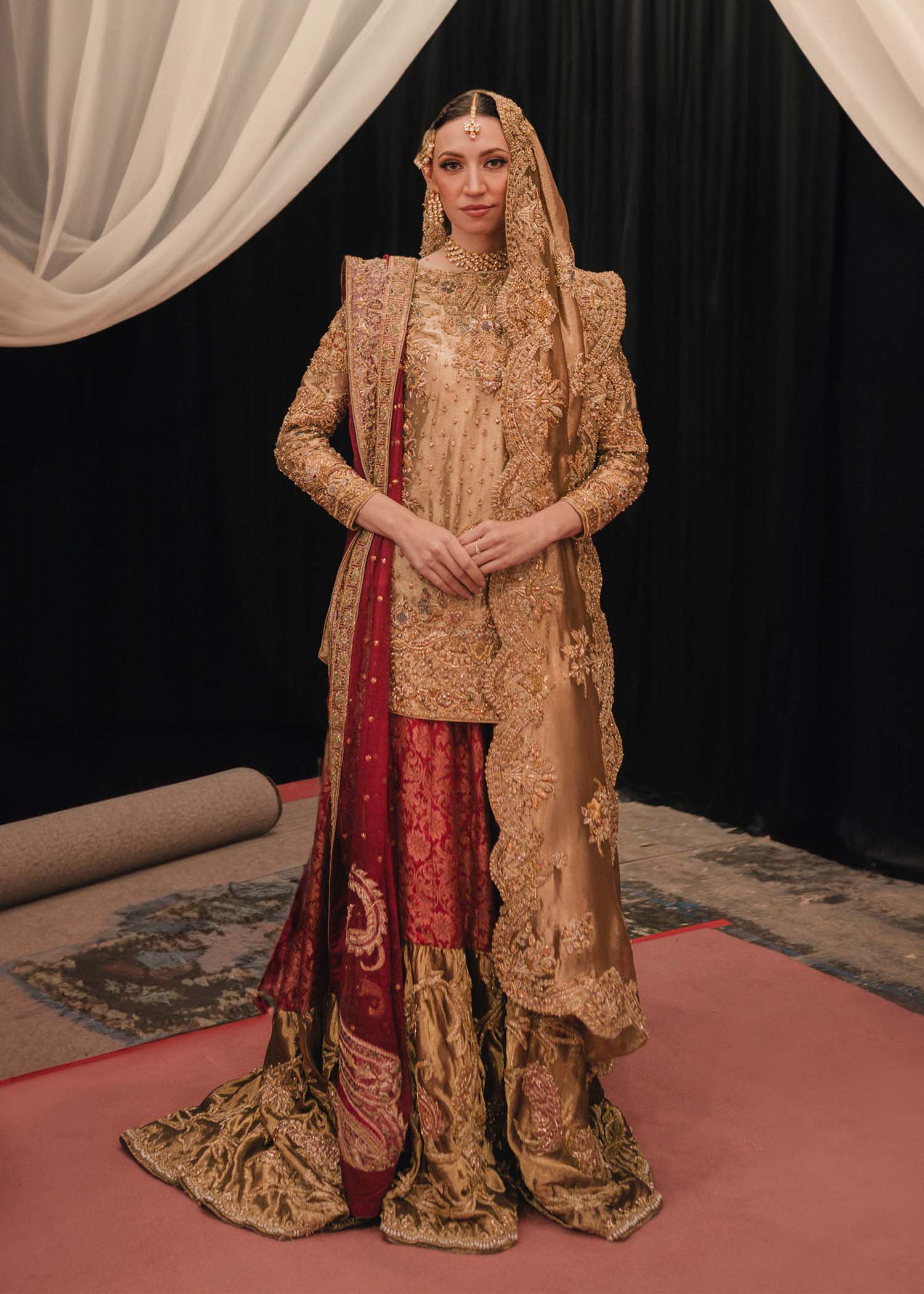 Pakistani Gold Embroidered Tissue & Khamkhaab Farshi Lehenga (3-Piece) - Image 1