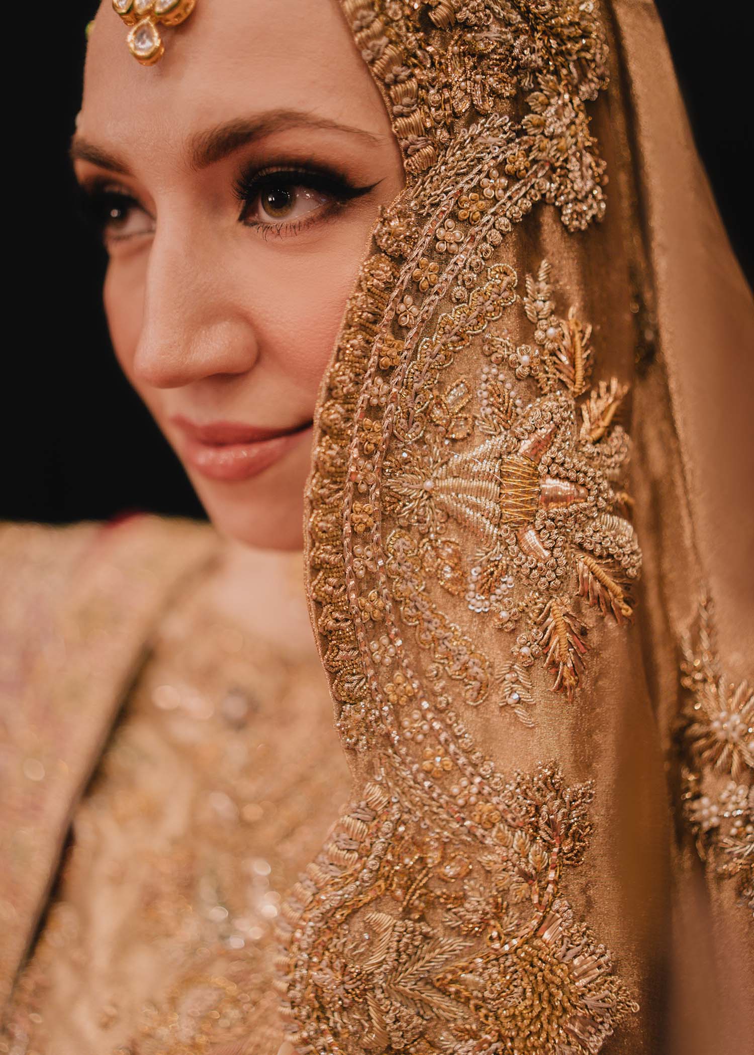 Pakistani Gold Embroidered Tissue & Khamkhaab Farshi Lehenga (3-Piece) - Image 2