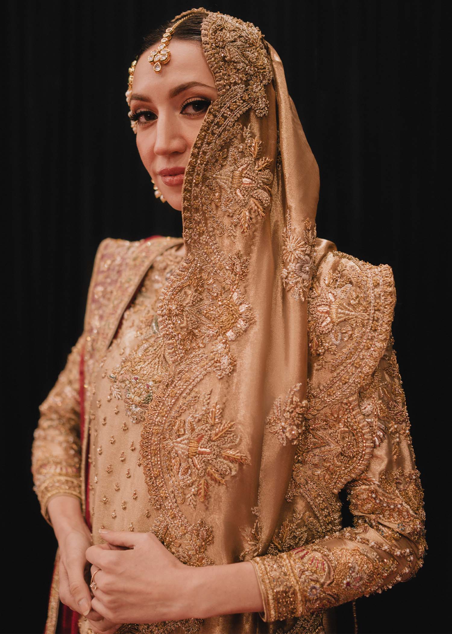 Pakistani Gold Embroidered Tissue & Khamkhaab Farshi Lehenga (3-Piece) - Image 3