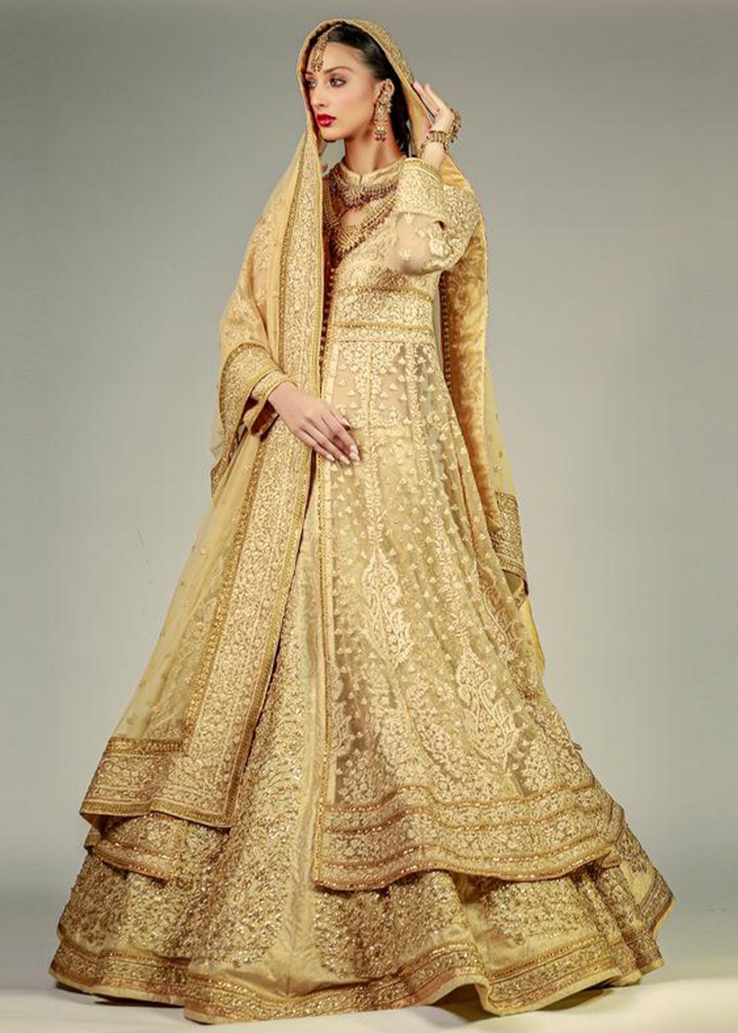 Gold Embroidered Korean Net Peshwas Dress (3-Piece) - Image 2