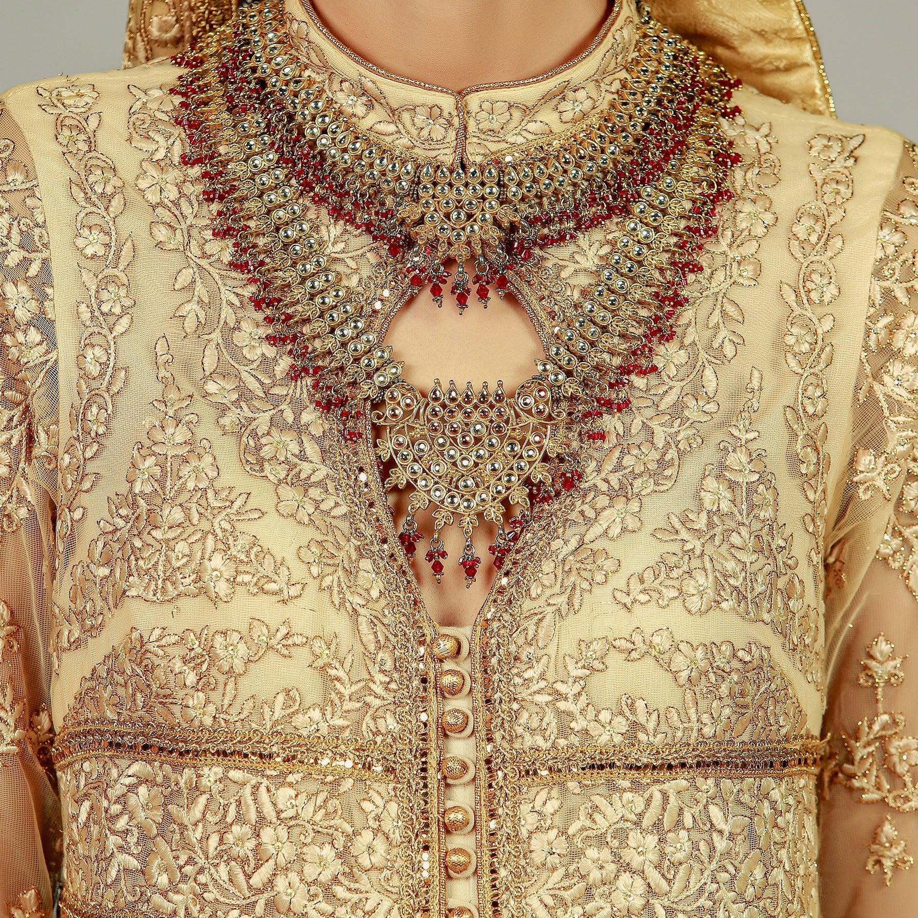 Gold Embroidered Korean Net Peshwas Dress (3-Piece) - Image 6