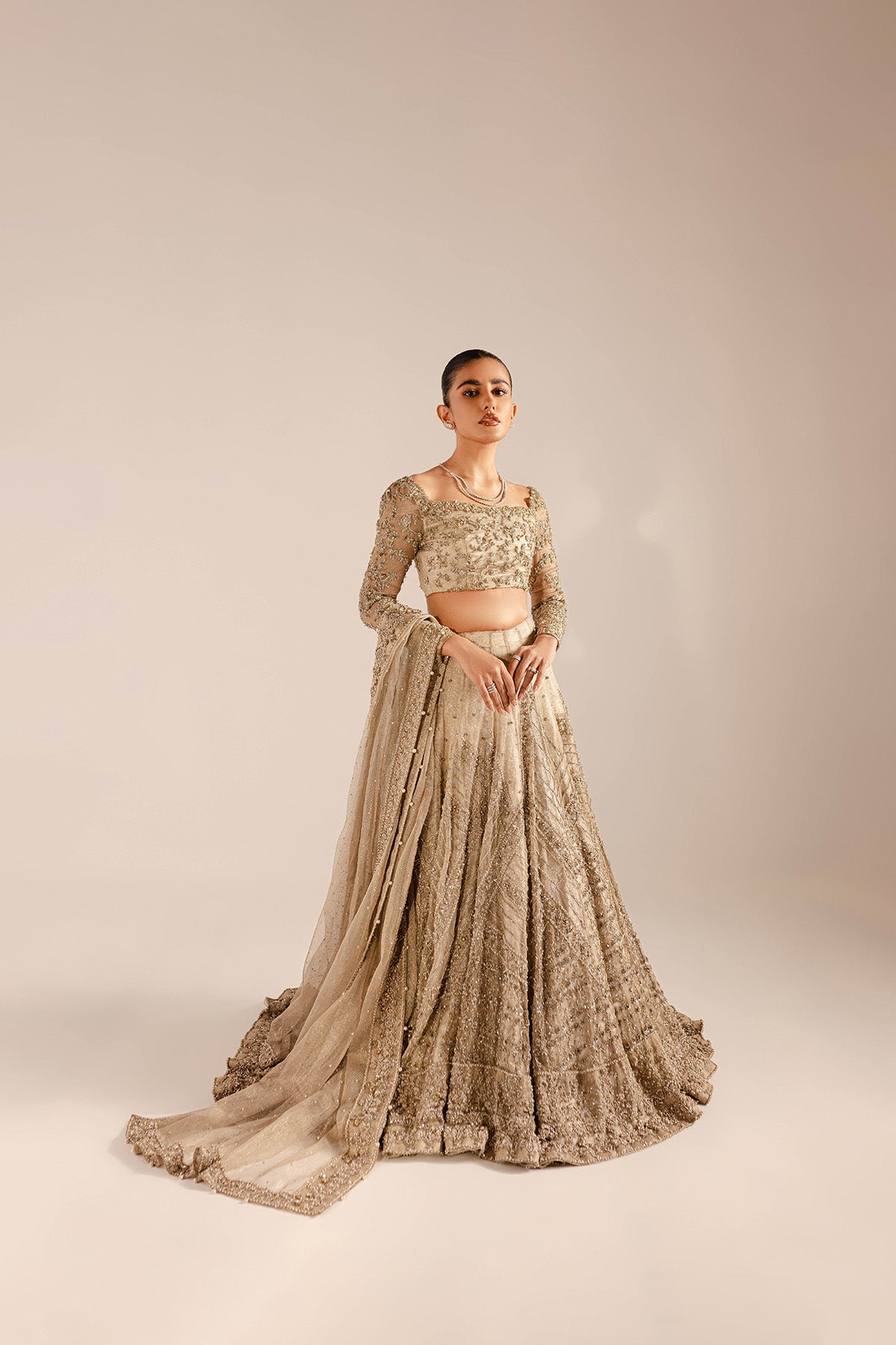Champagne Hand-Embellished Kundan Net Lehenga Choli (3-Piece) - Image 1