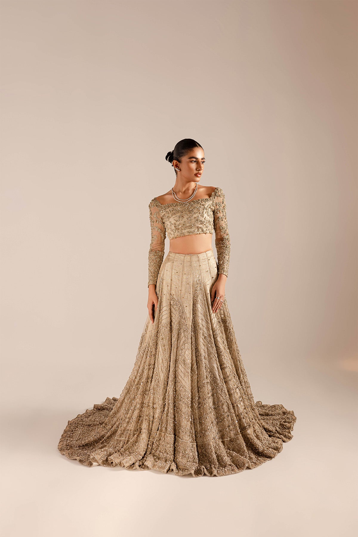 Champagne Hand-Embellished Kundan Net Lehenga Choli (3-Piece) - Image 2