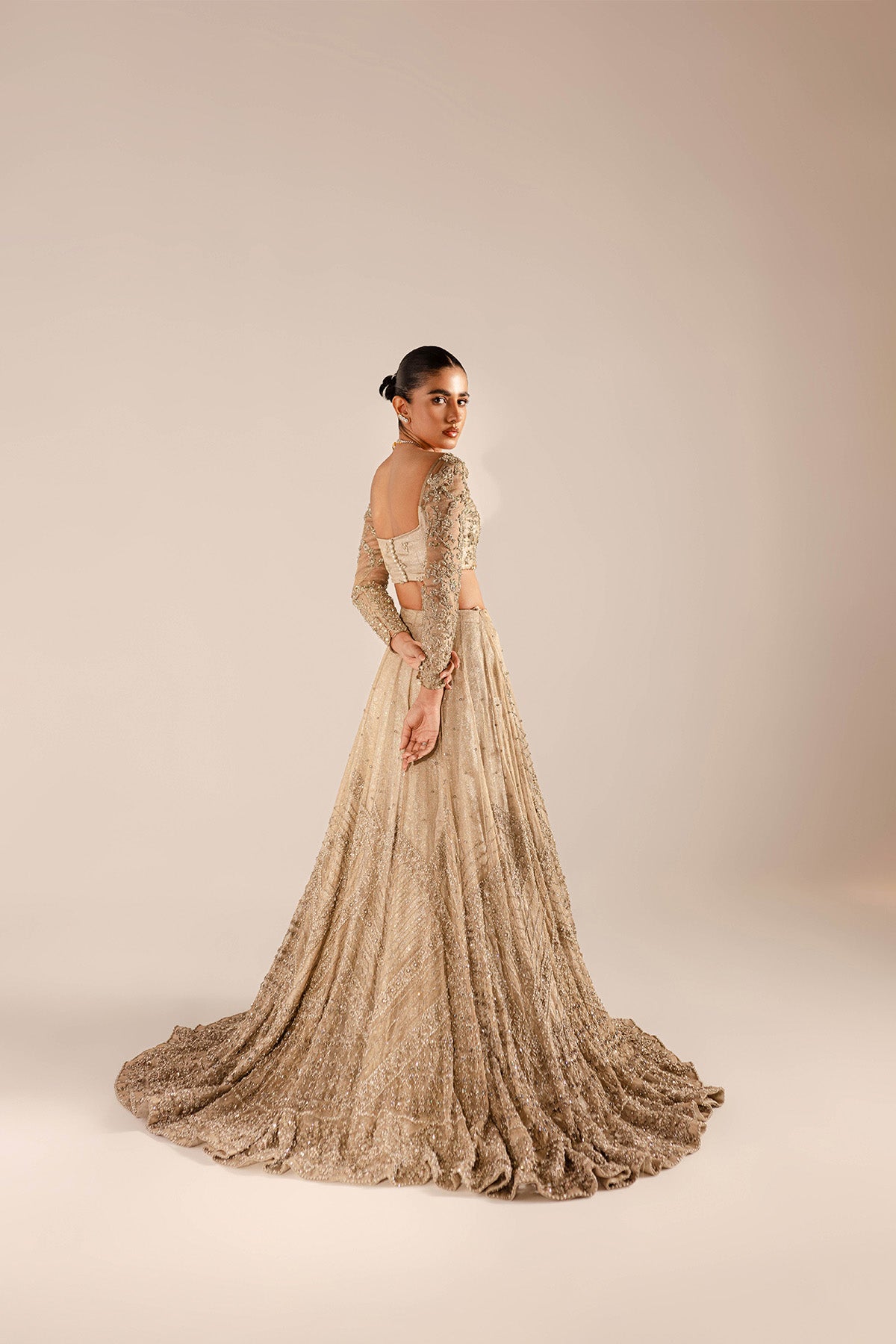 Champagne Hand-Embellished Kundan Net Lehenga Choli (3-Piece) - Image 3