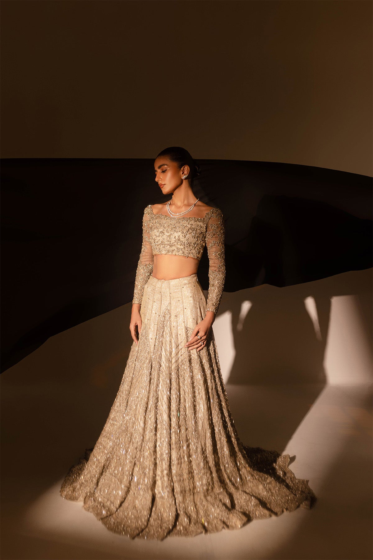 Champagne Hand-Embellished Kundan Net Lehenga Choli (3-Piece) - Image 4
