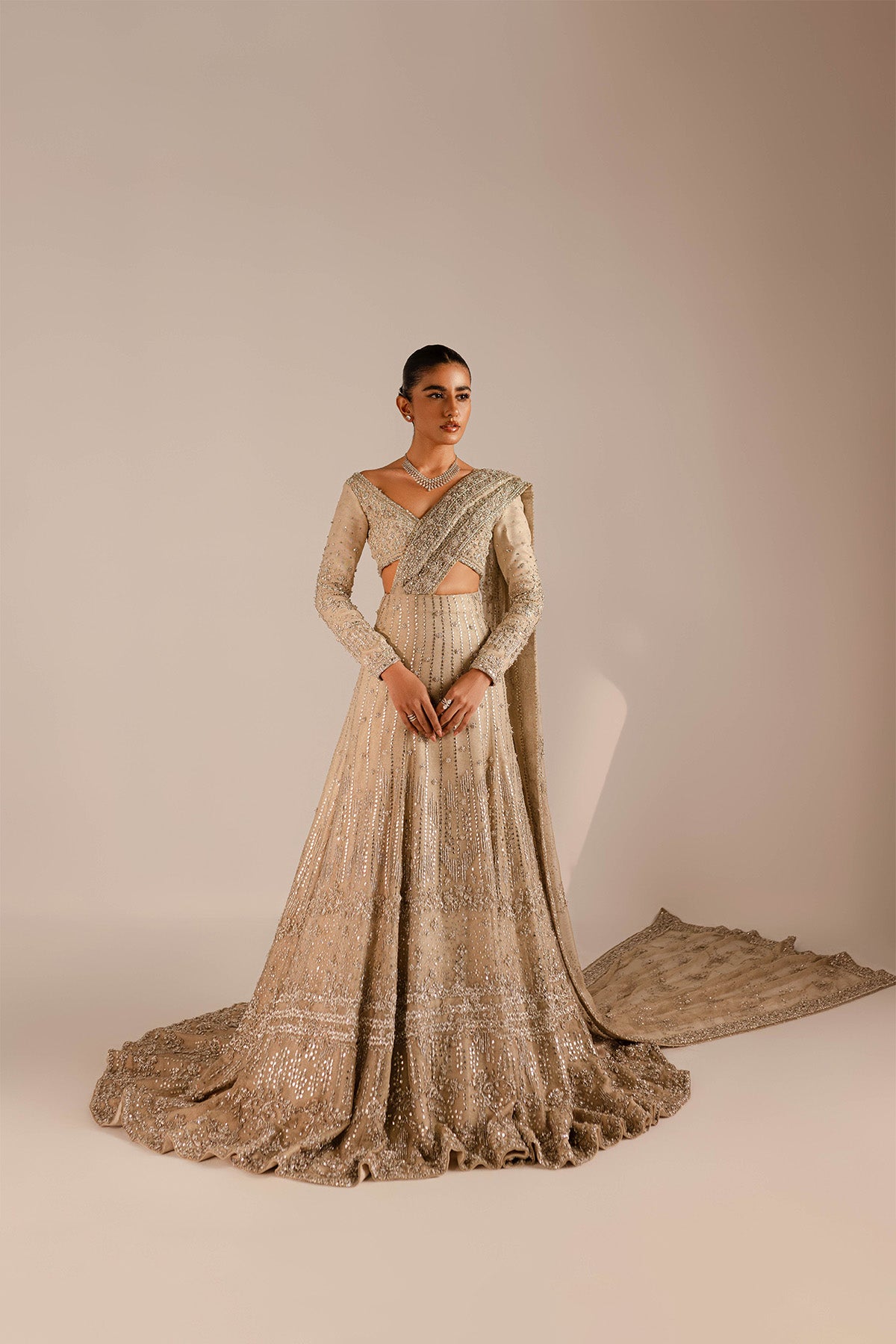 Gold & Silver Zardozi Kundan Net Bridal Lehenga (3-Piece) - Image 1