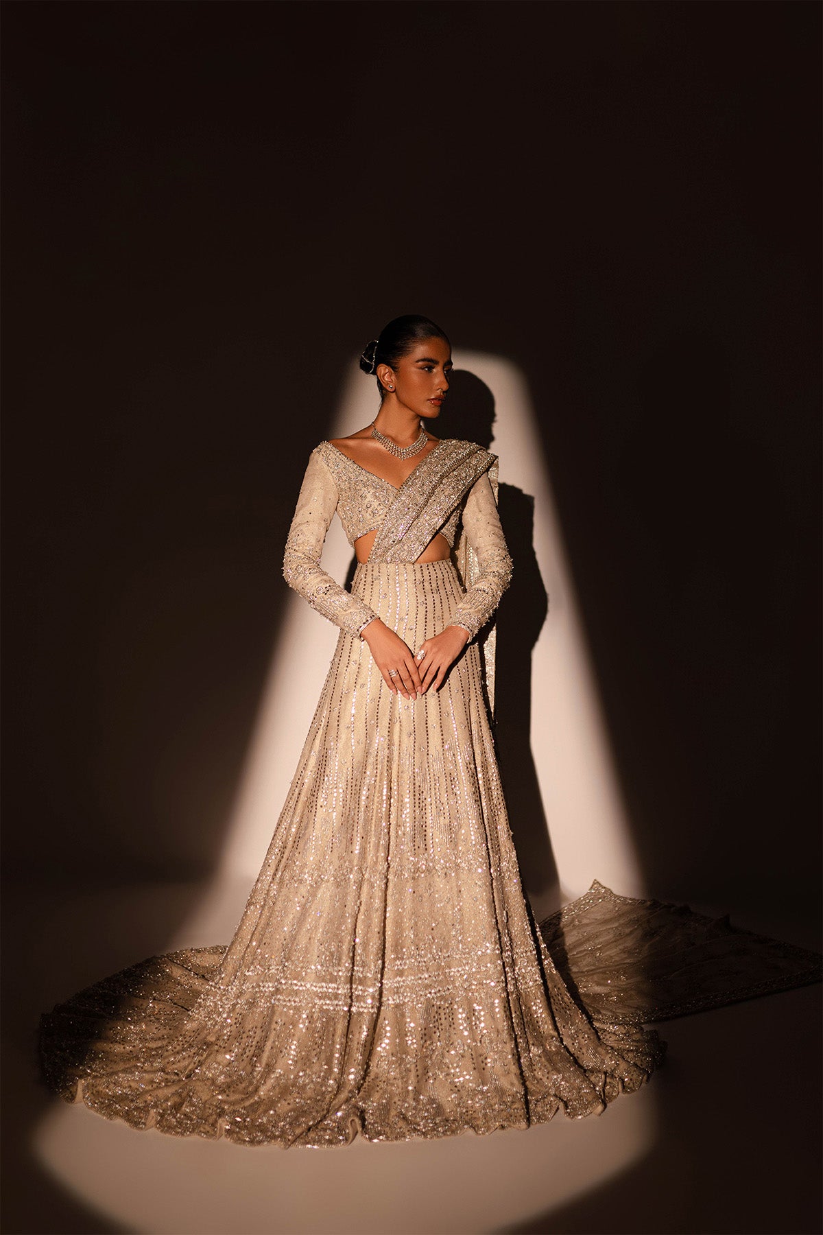 Gold & Silver Zardozi Kundan Net Bridal Lehenga (3-Piece) - Image 3