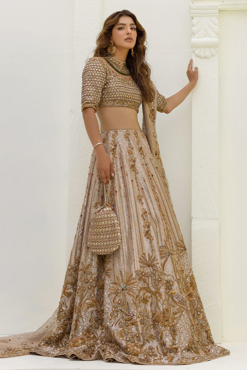 Pakistani Gold Embellished Pure Lama Lehnga Choli (3-Piece) - Image 1