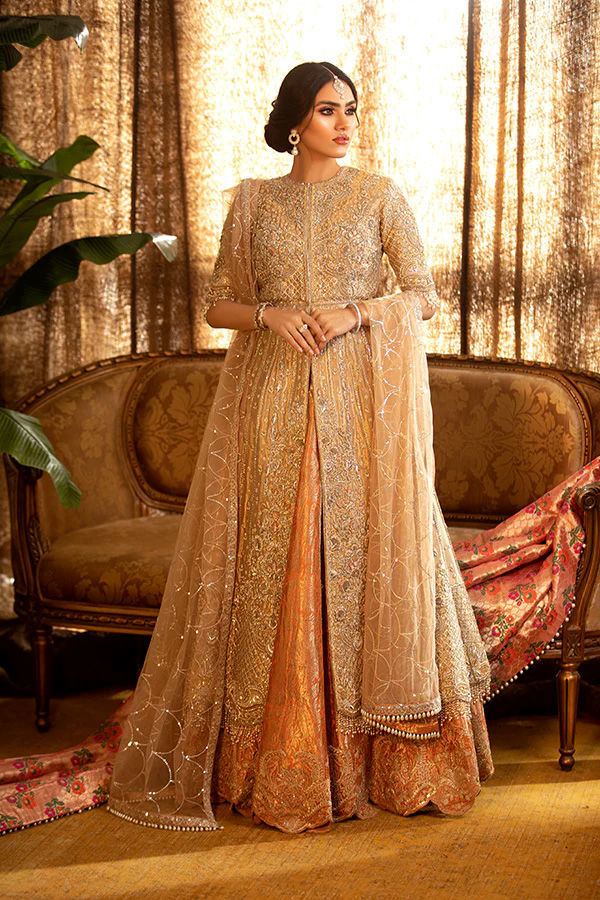 Gold Zardozi Lamè Anarkali Bridal Lehenga (3-Piece) - Image 1