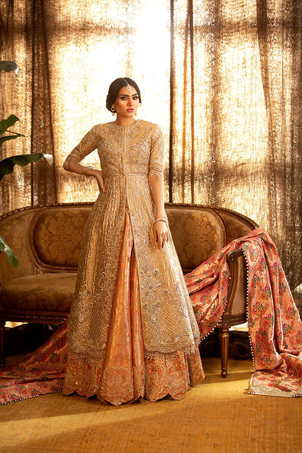 Gold Zardozi Lamè Anarkali Bridal Lehenga (3-Piece) - Image 2