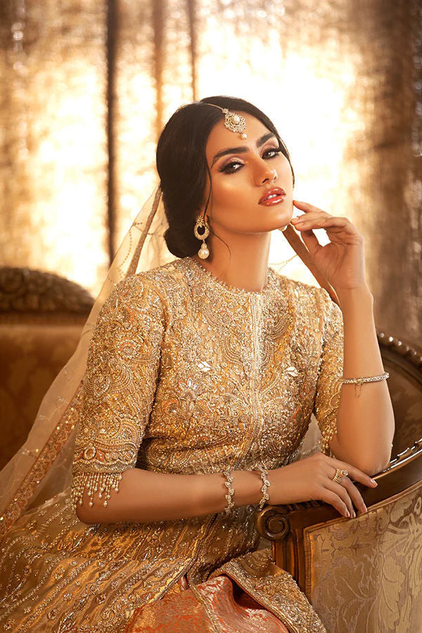 Gold Zardozi Lamè Anarkali Bridal Lehenga (3-Piece) - Image 4