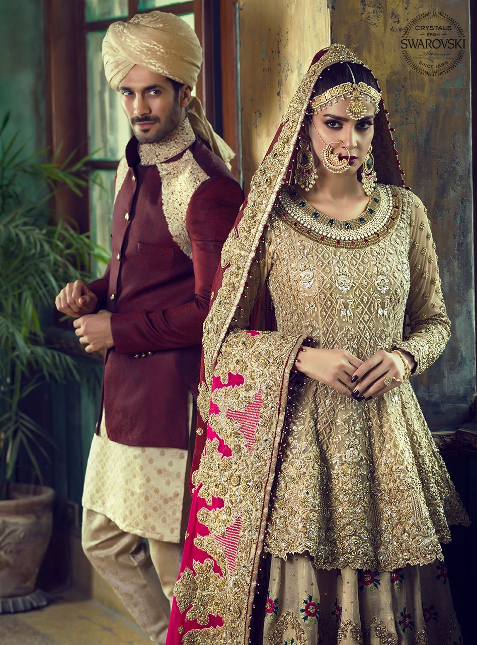 Pakistani Light Gold Swarovski Lame Bridal Lehenga (3-Piece) - Image 2