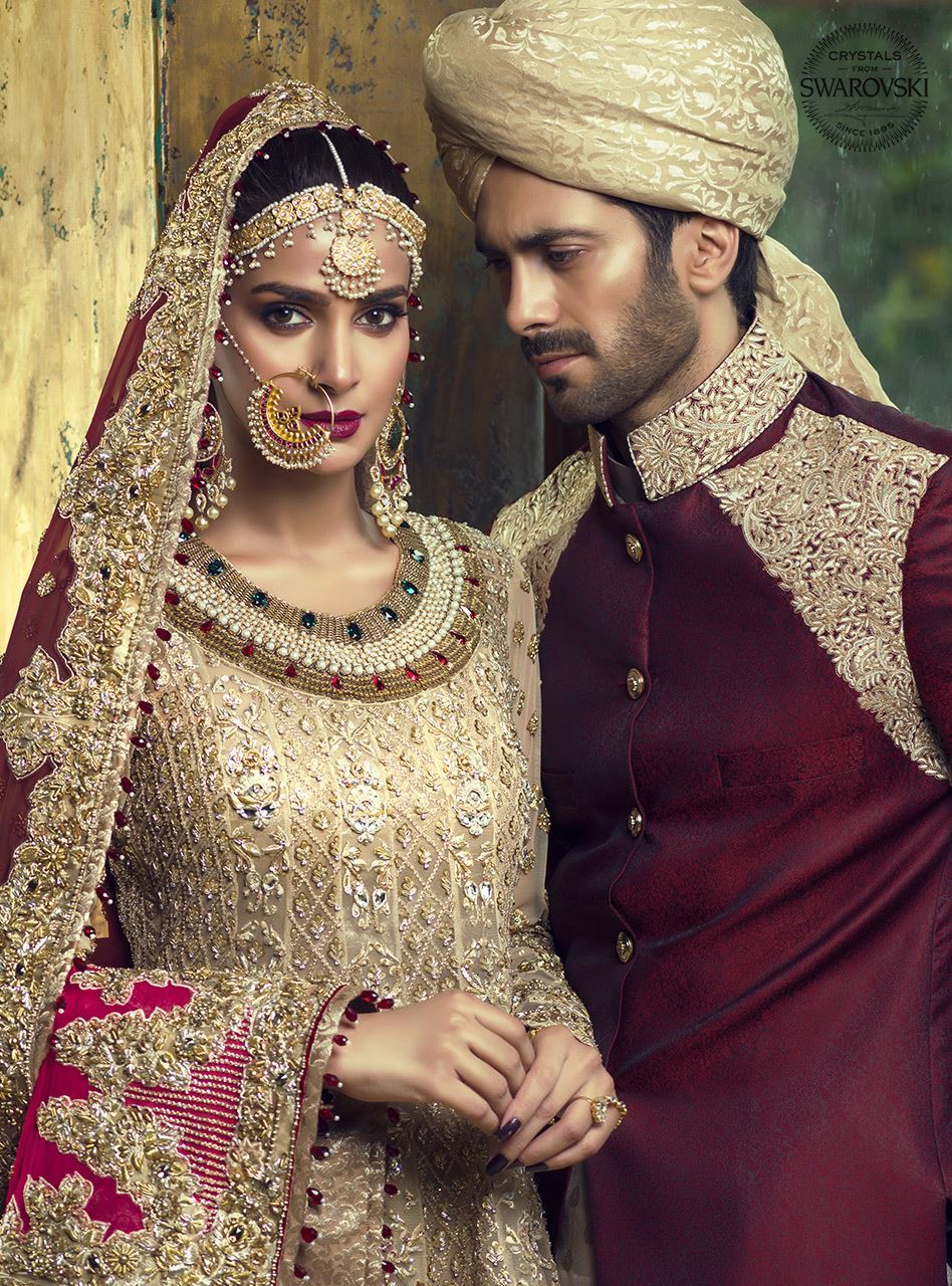 Pakistani Light Gold Swarovski Lame Bridal Lehenga (3-Piece) - Image 3