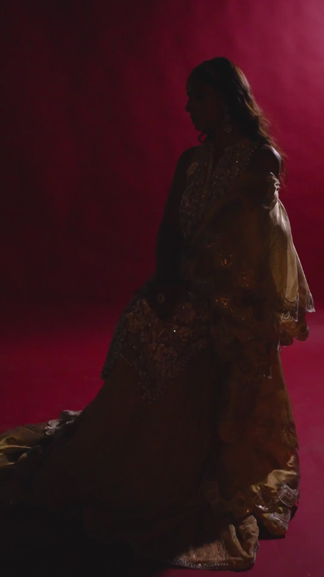 Gold Lamé Embroidered Kameez Lehenga (3-Piece) - Image 8