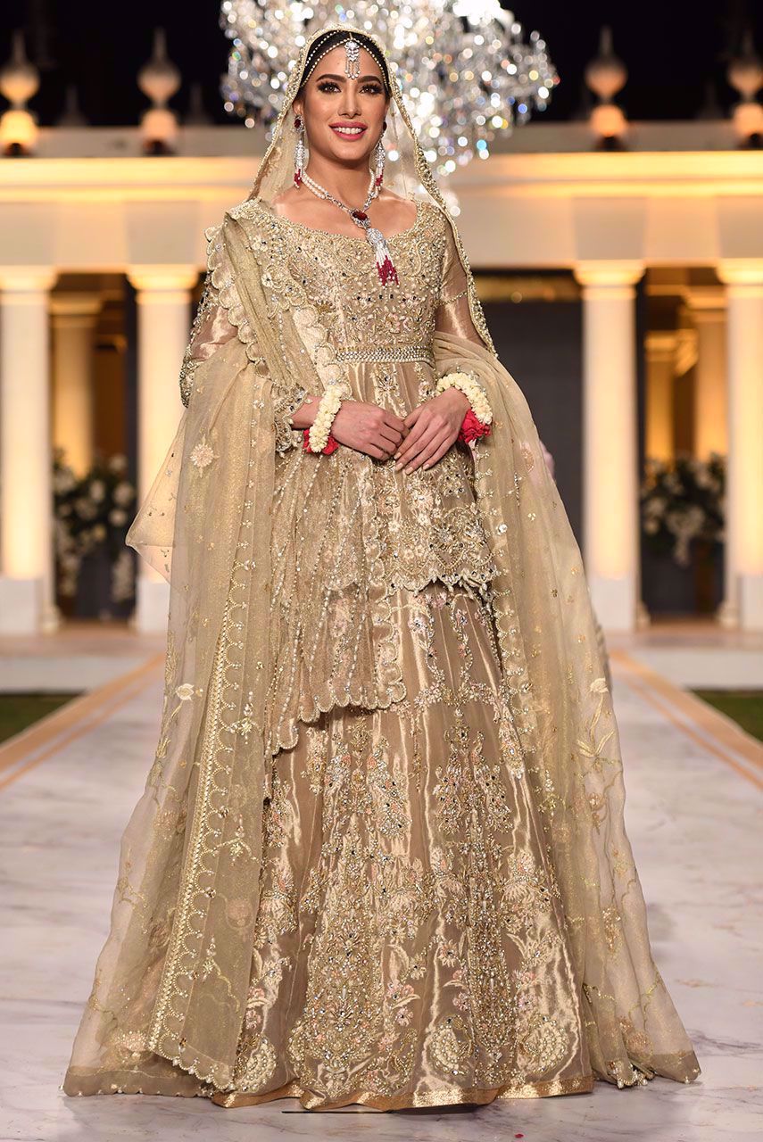 Pakistani Gold Zardozi Embroidered Lame Peplum Lehenga (3-Piece) - Image 1