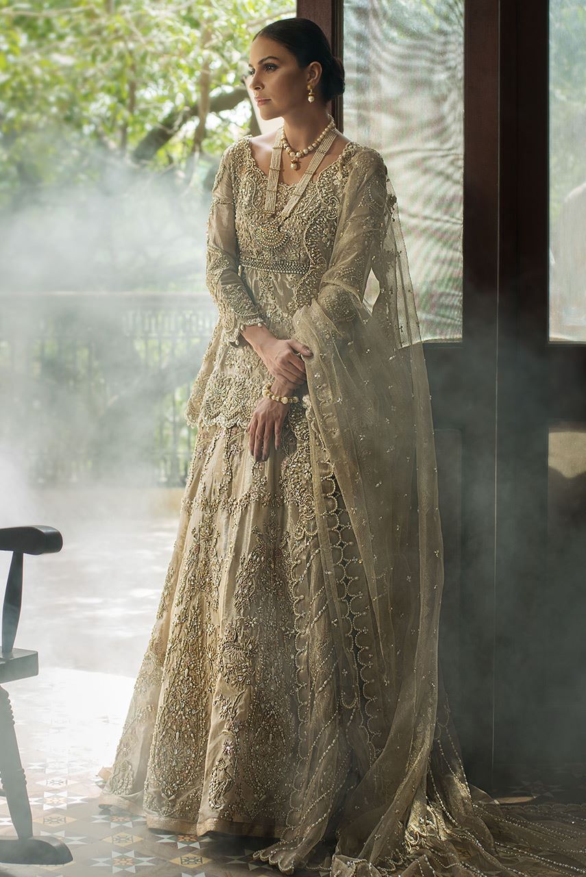 Pakistani Gold Zardozi Lamé Peplum Lehenga (3-Piece) - Image 1