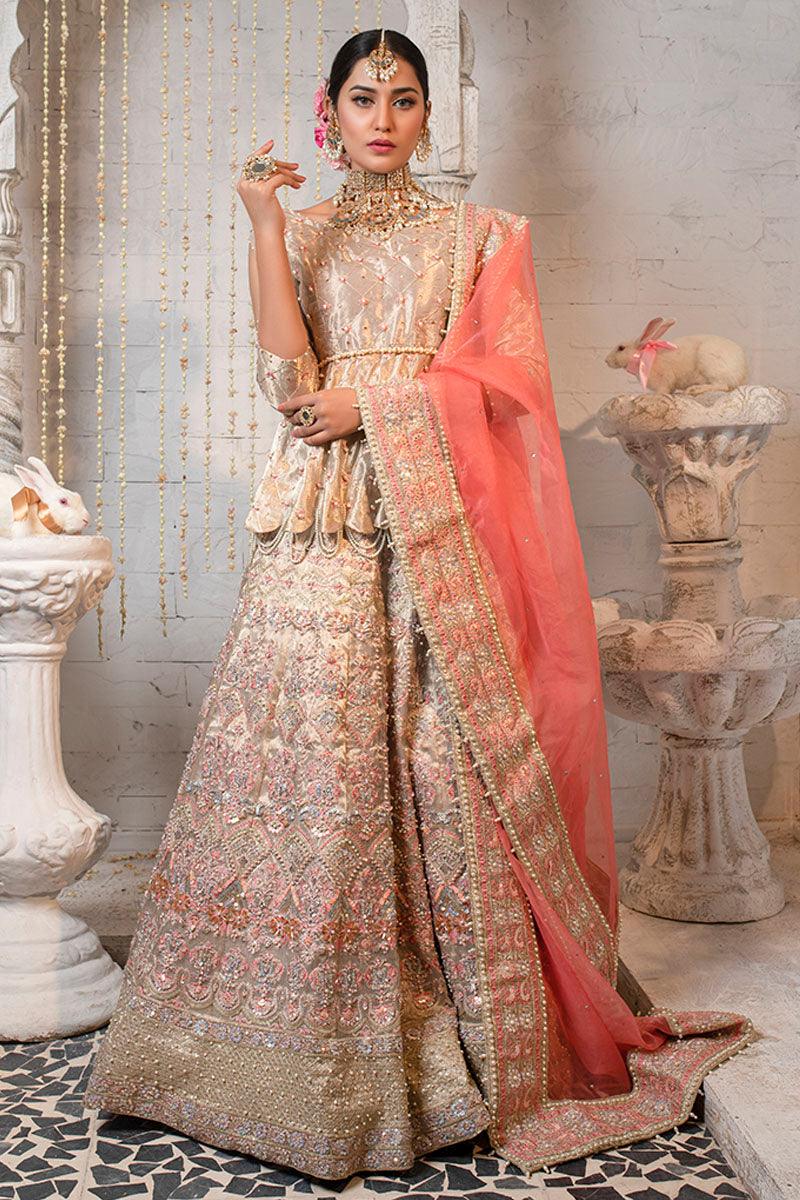 Pakistani Rose Gold Embroidered Maisoori Peplum Lehenga (3-Piece) - Image 1