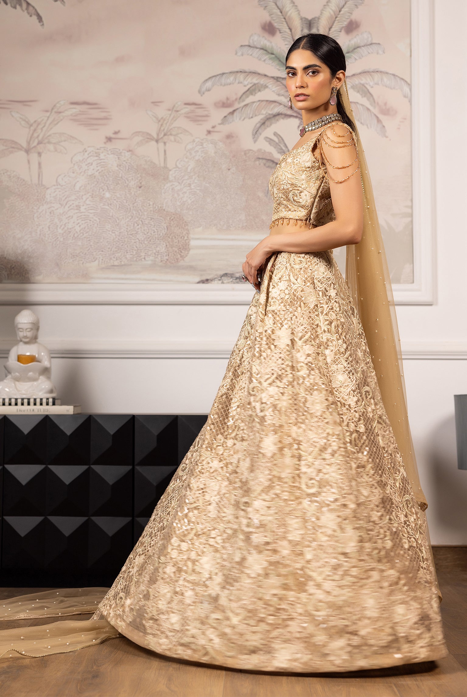 Gold Embroidered Masoori Lehenga Set (3-Piece) - Image 3