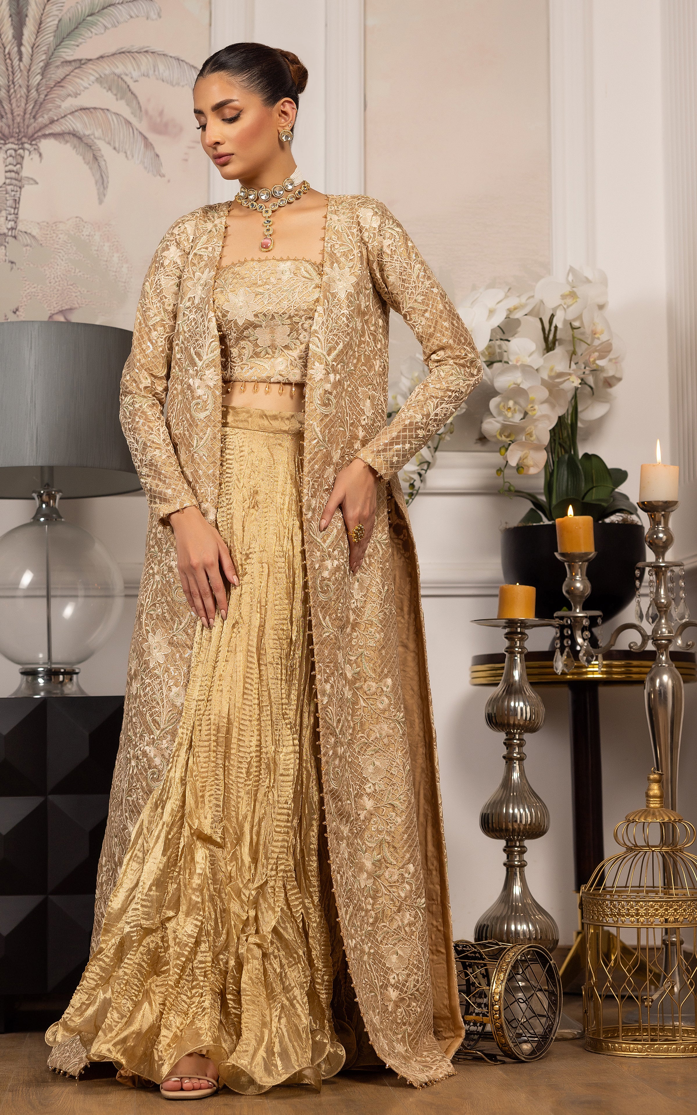 Gold Embroidered Masoori Jacket Lehenga (3-Piece) - Image 1
