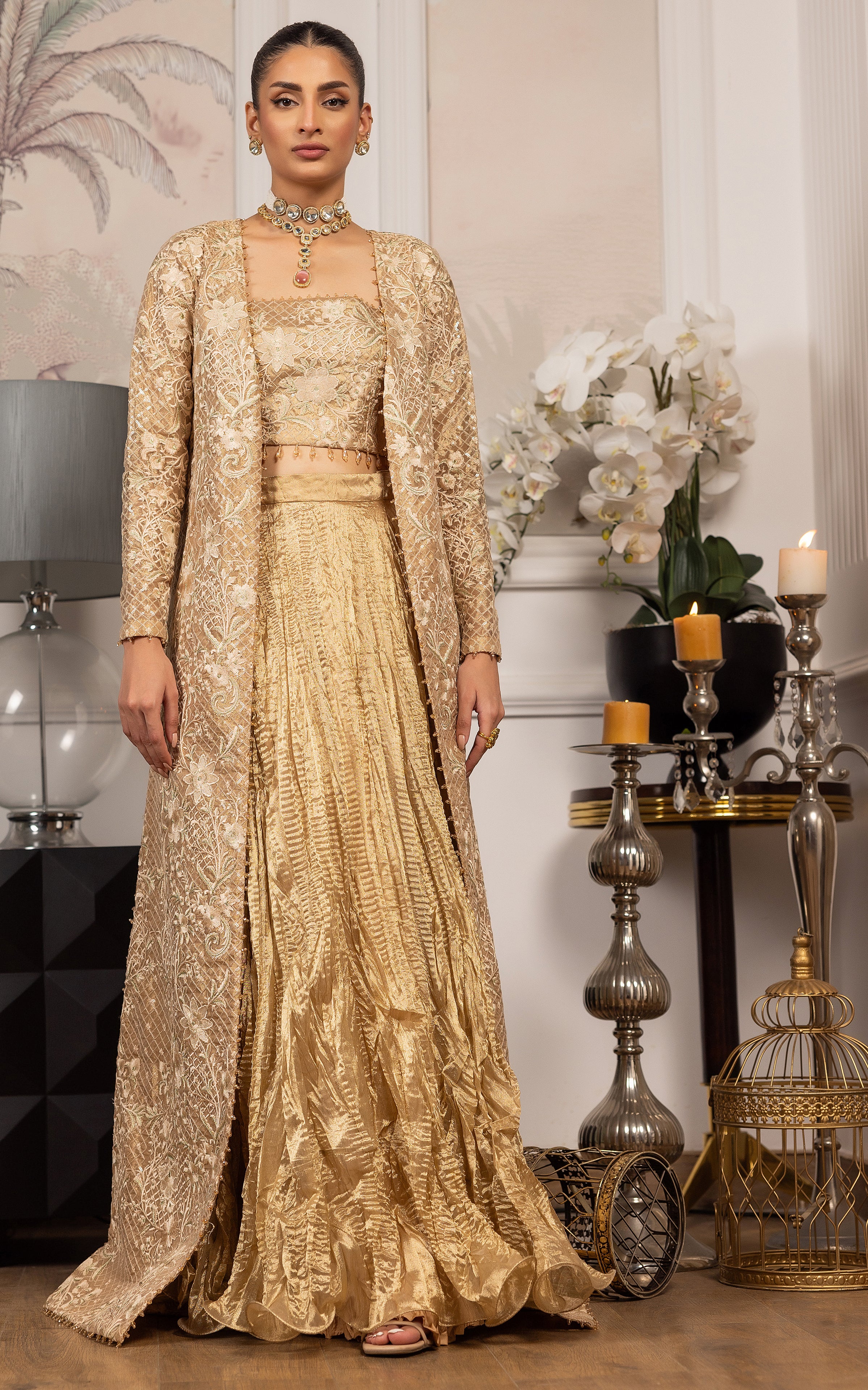 Gold Embroidered Masoori Jacket Lehenga (3-Piece) - Image 3