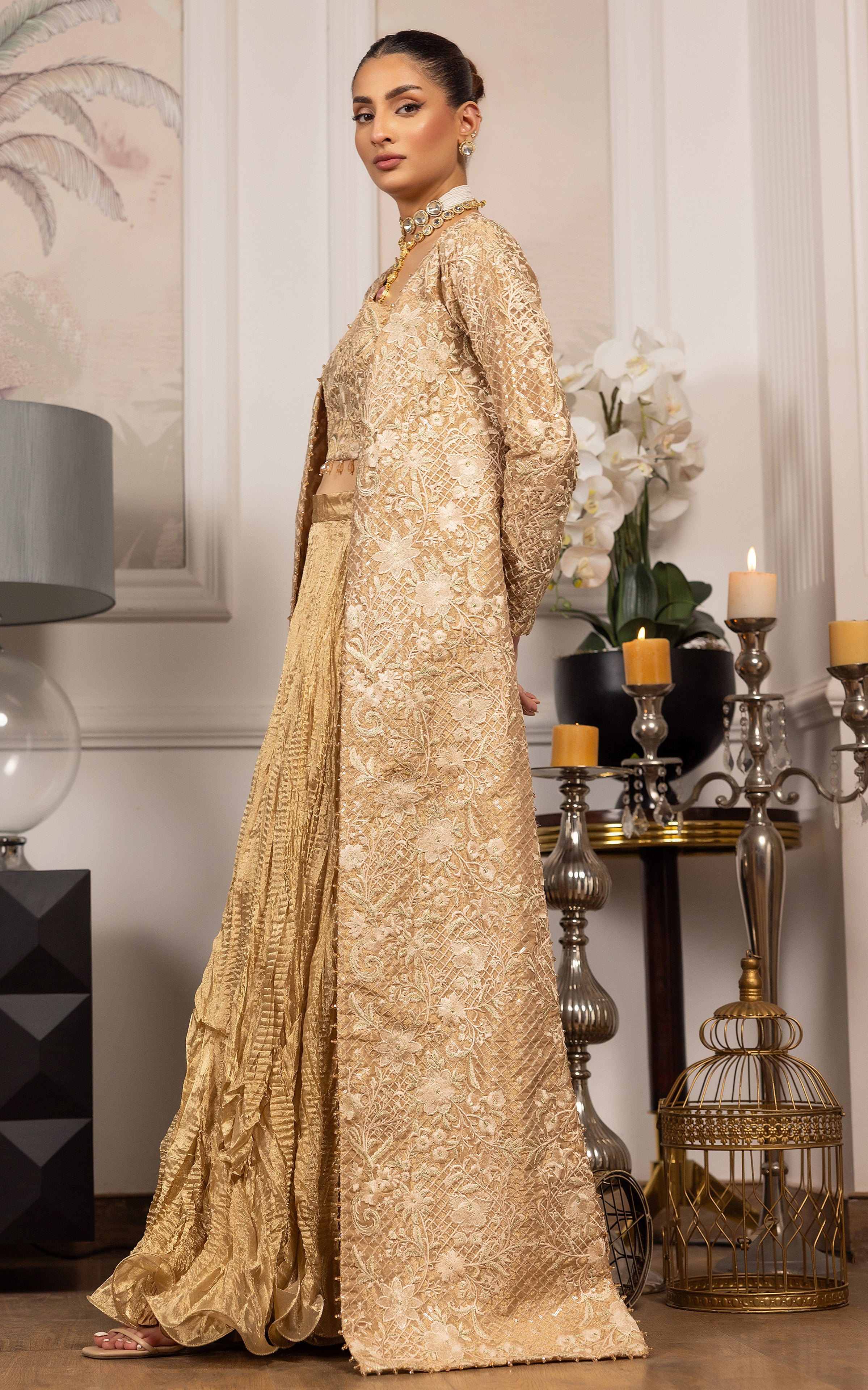 Gold Embroidered Masoori Jacket Lehenga (3-Piece) - Image 4