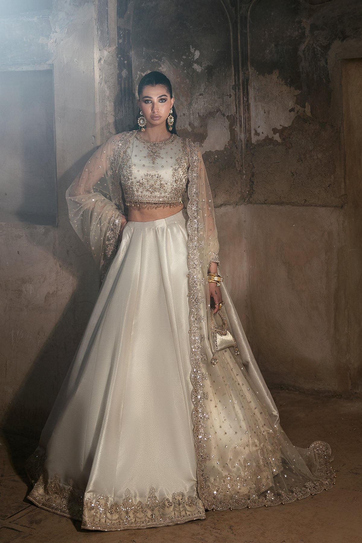 Pakistani Light Gold Embroidered Masoori Silk Lehenga (3-Piece) - Image 1