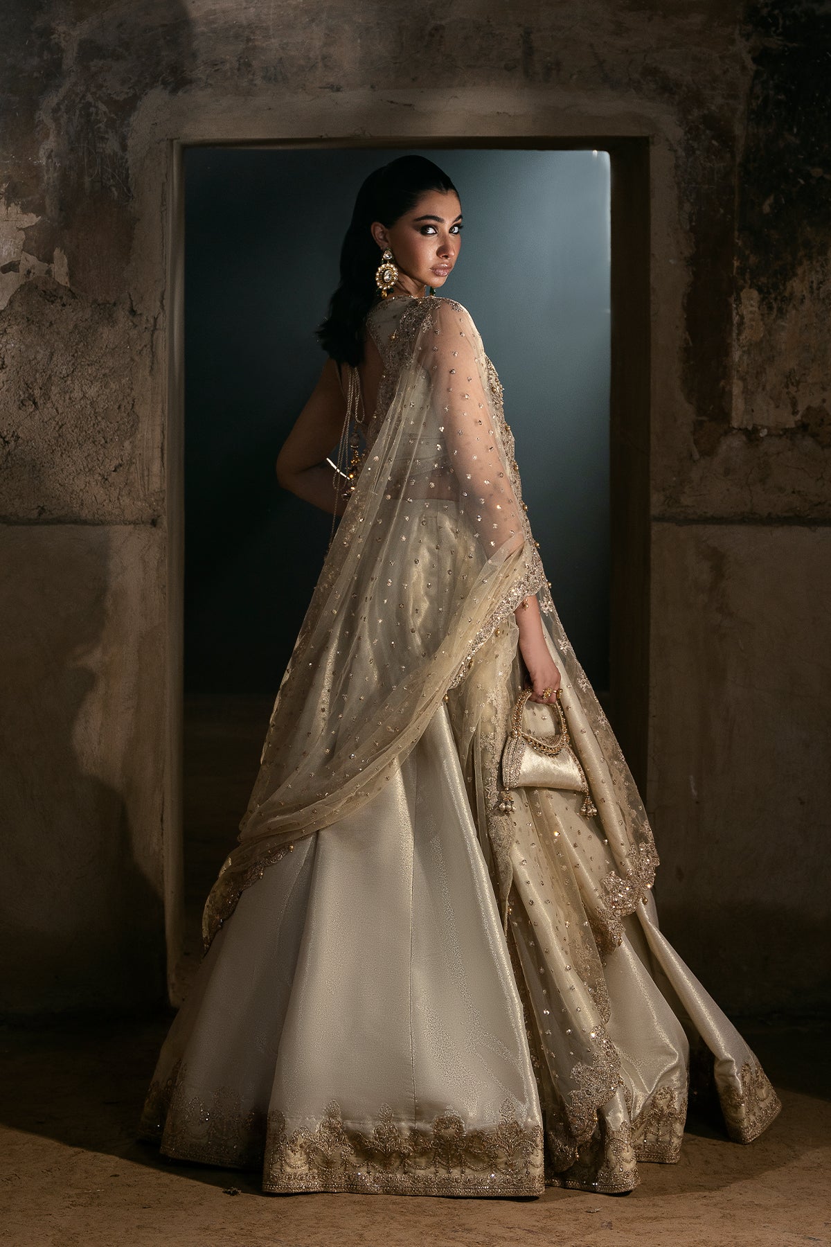 Pakistani Light Gold Embroidered Masoori Silk Lehenga (3-Piece) - Image 2