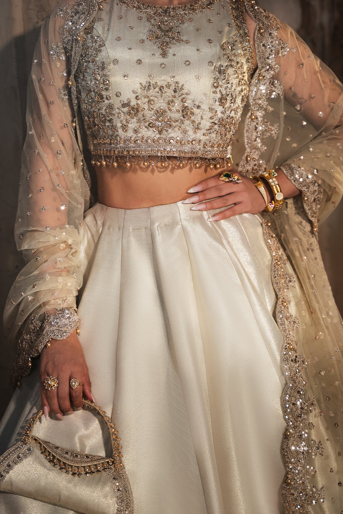 Pakistani Light Gold Embroidered Masoori Silk Lehenga (3-Piece) - Image 3