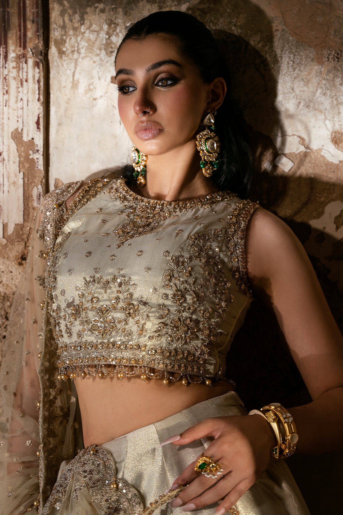 Pakistani Light Gold Embroidered Masoori Silk Lehenga (3-Piece) - Image 4