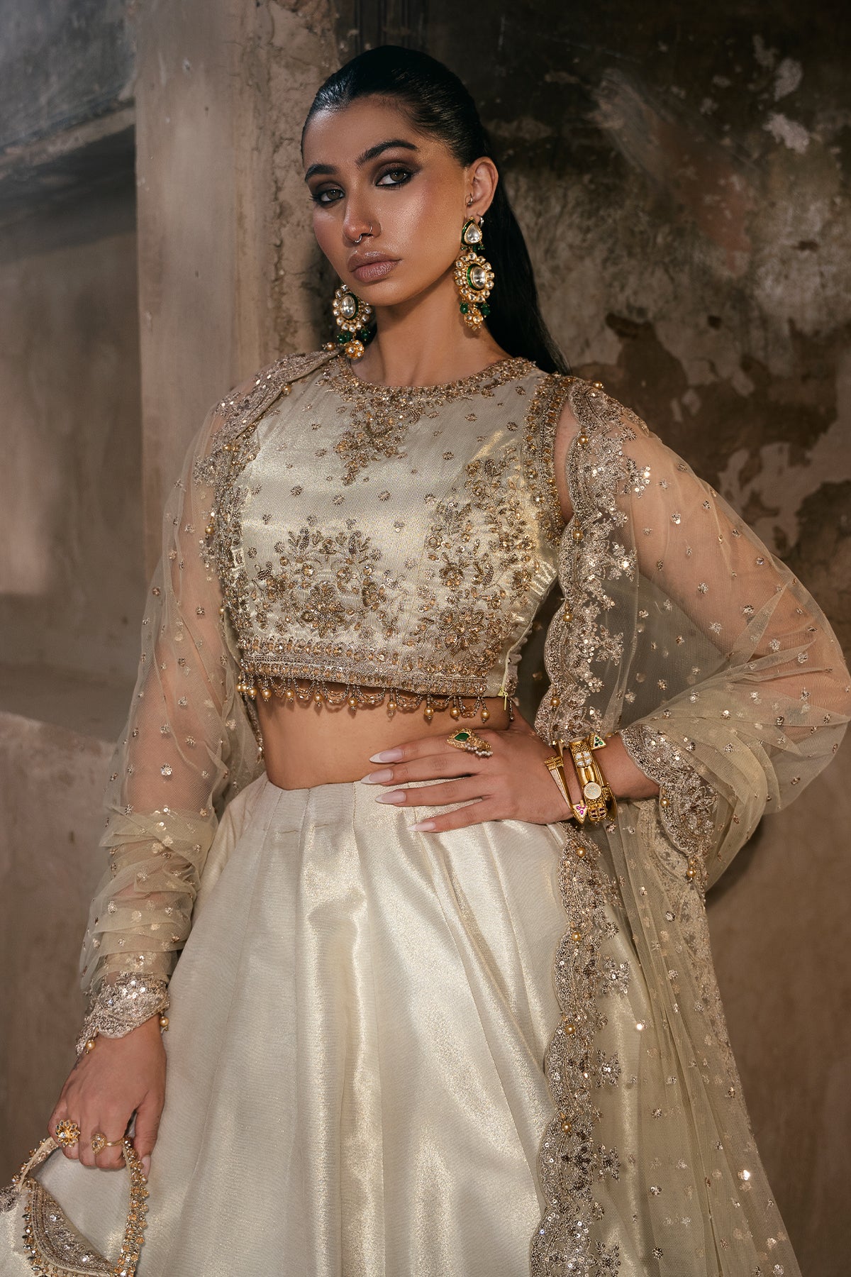 Pakistani Light Gold Embroidered Masoori Silk Lehenga (3-Piece) - Image 5