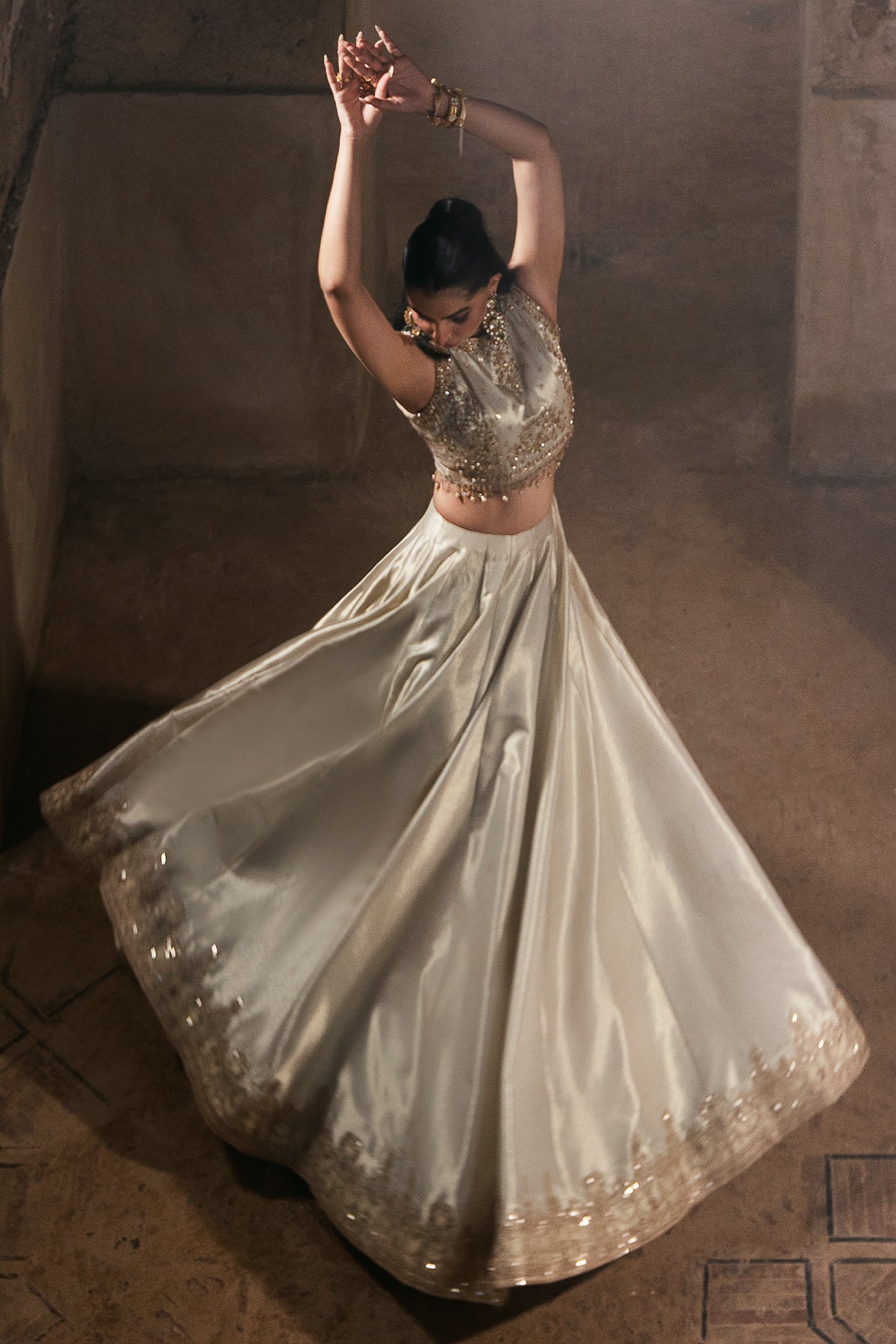 Pakistani Light Gold Embroidered Masoori Silk Lehenga (3-Piece) - Image 6