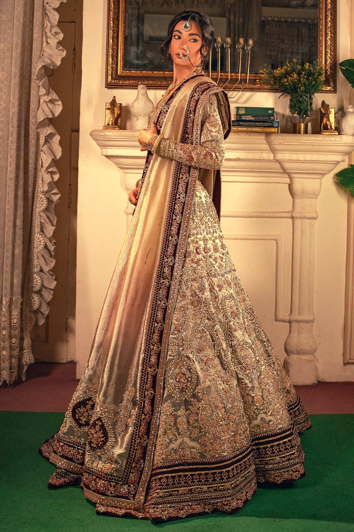 Gold Zardozi Masoori Silk & Velvet Bridal Lehenga (3-Piece) - Image 2