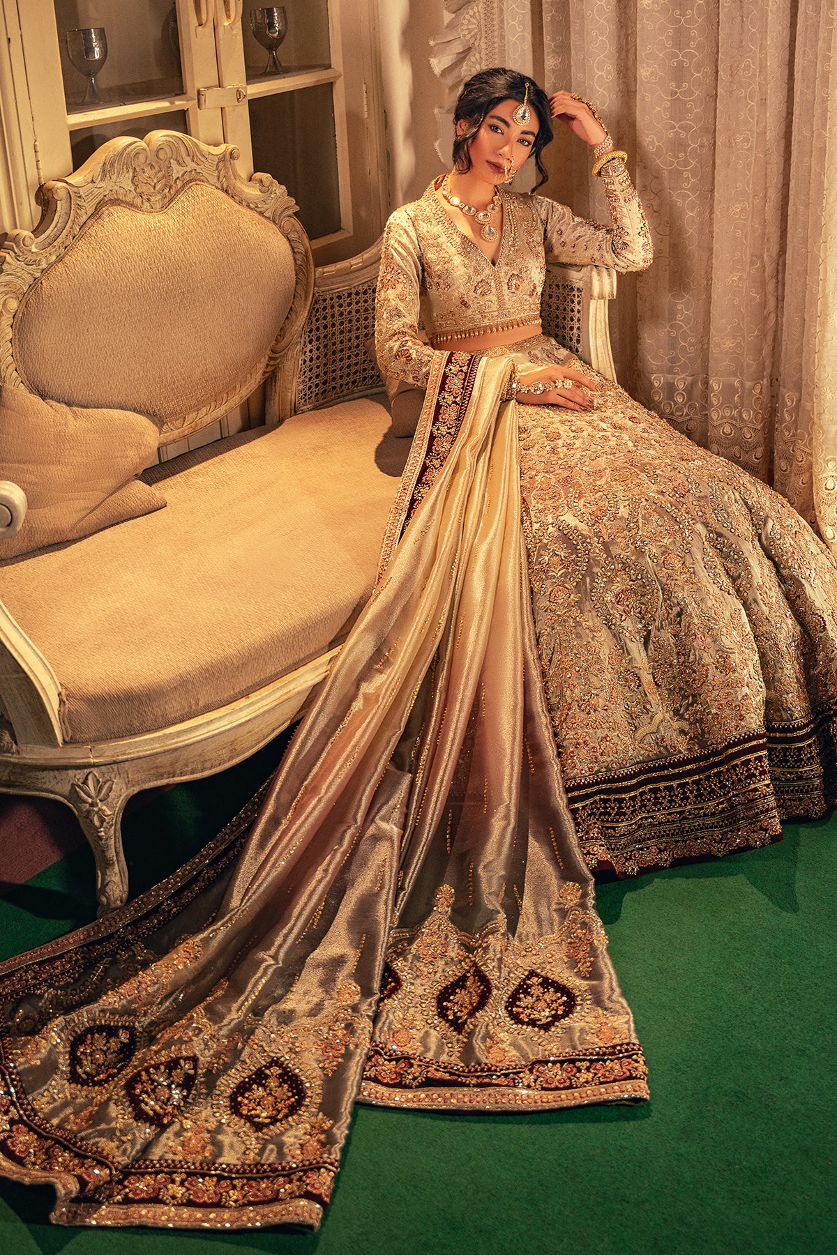 Gold Zardozi Masoori Silk & Velvet Bridal Lehenga (3-Piece) - Image 3