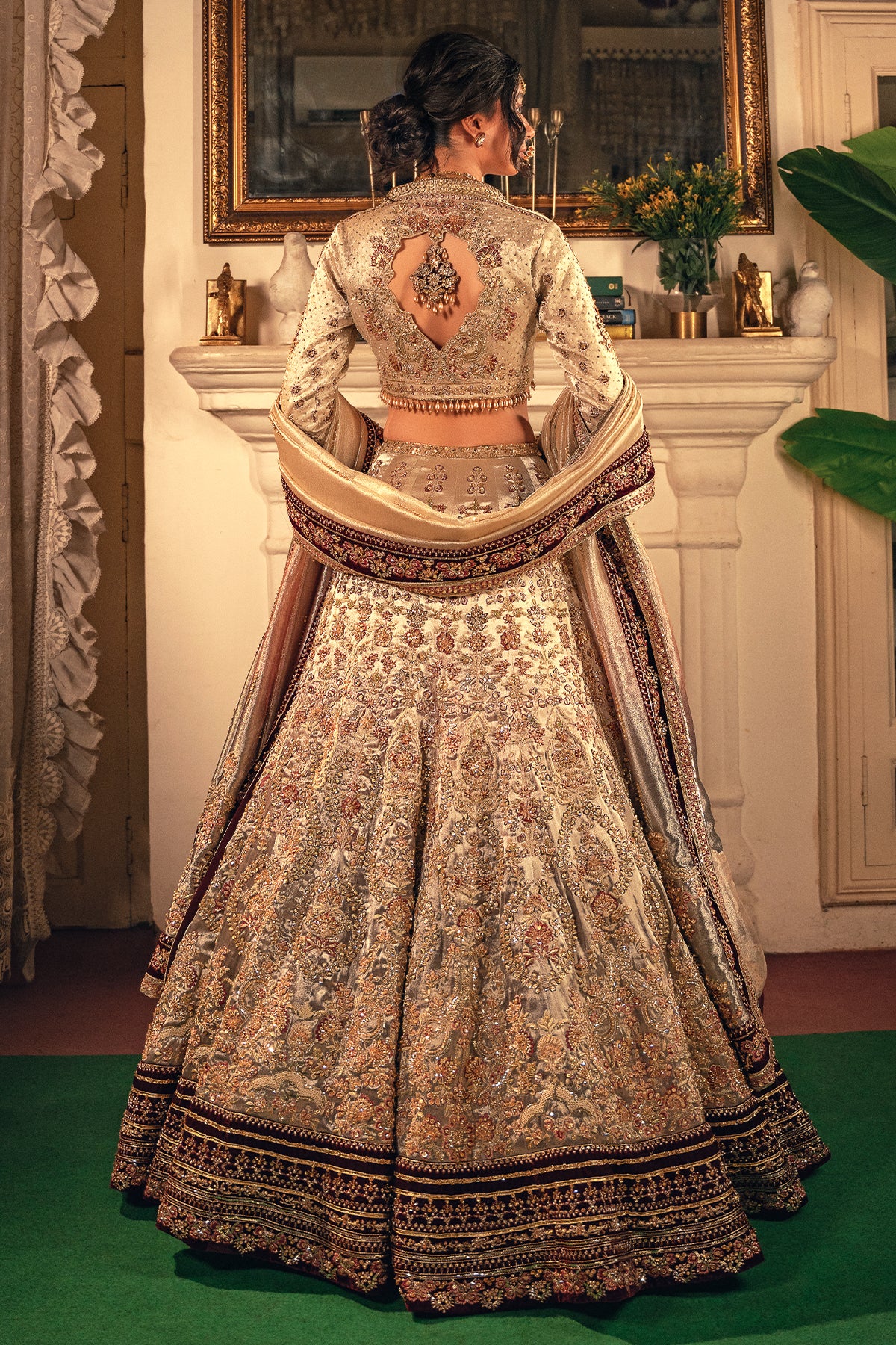 Gold Zardozi Masoori Silk & Velvet Bridal Lehenga (3-Piece) - Image 4