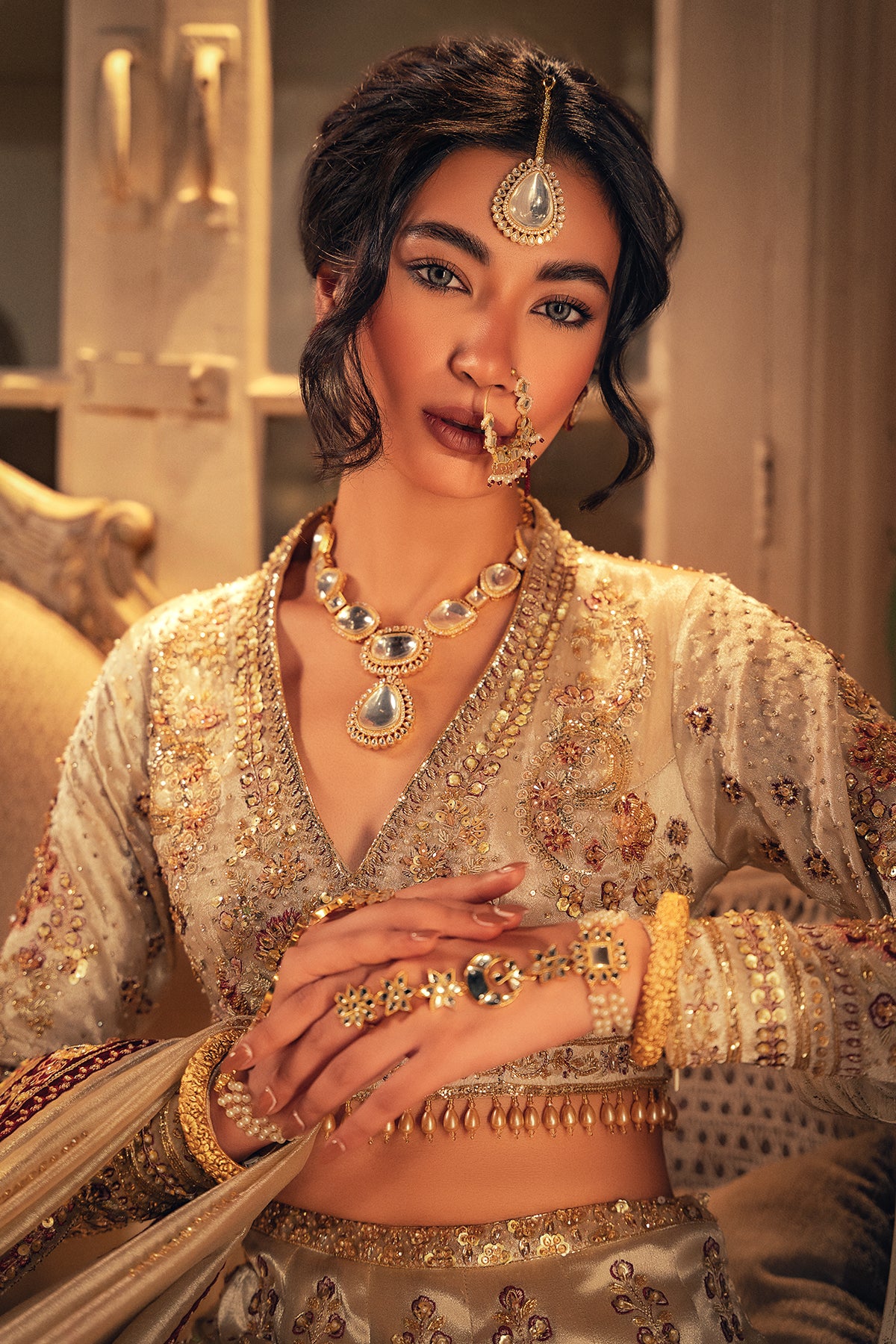 Gold Zardozi Masoori Silk & Velvet Bridal Lehenga (3-Piece) - Image 5