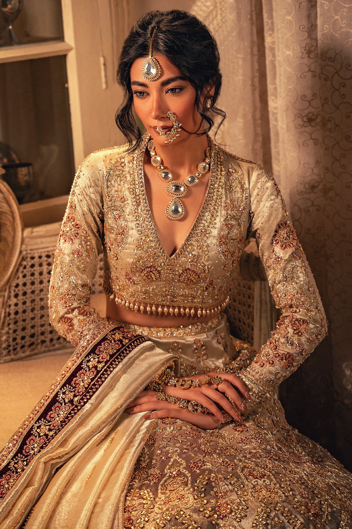 Gold Zardozi Masoori Silk & Velvet Bridal Lehenga (3-Piece) - Image 6