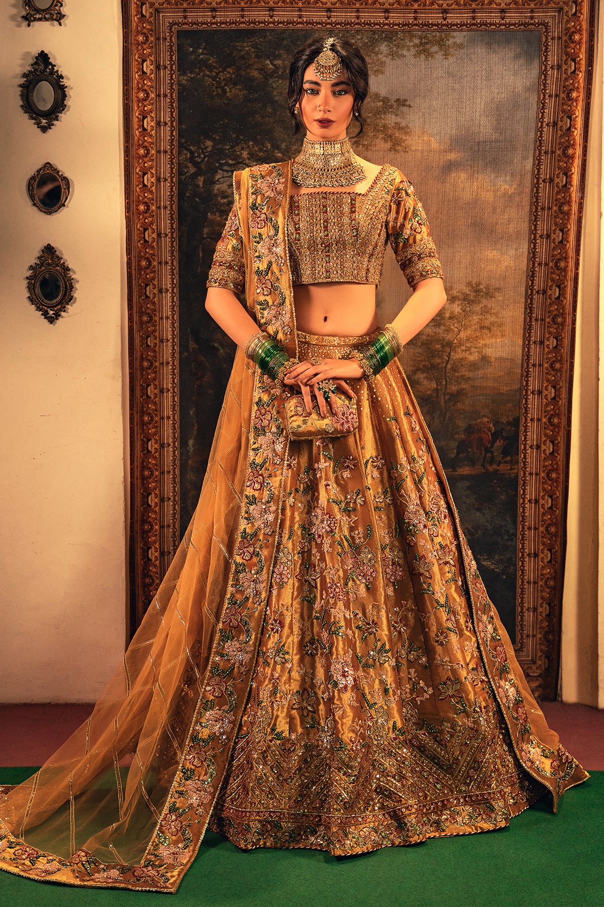Pakistani Antique Gold Zardozi Masoori Silk Bridal Lehenga (3-Piece) - Image 1