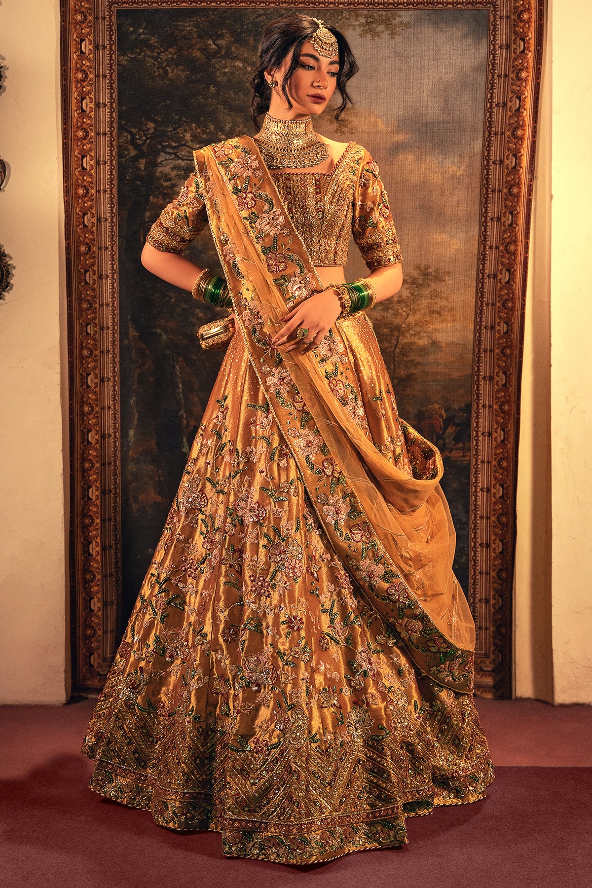Pakistani Antique Gold Zardozi Masoori Silk Bridal Lehenga (3-Piece) - Image 3