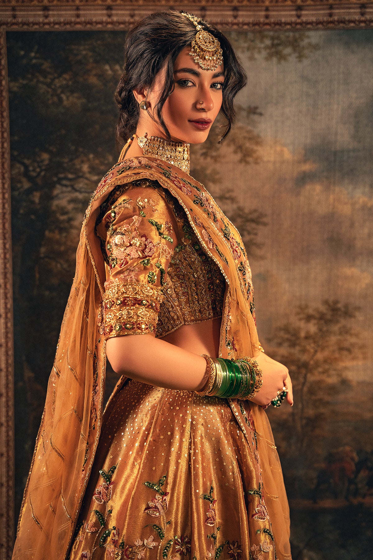 Pakistani Antique Gold Zardozi Masoori Silk Bridal Lehenga (3-Piece) - Image 4