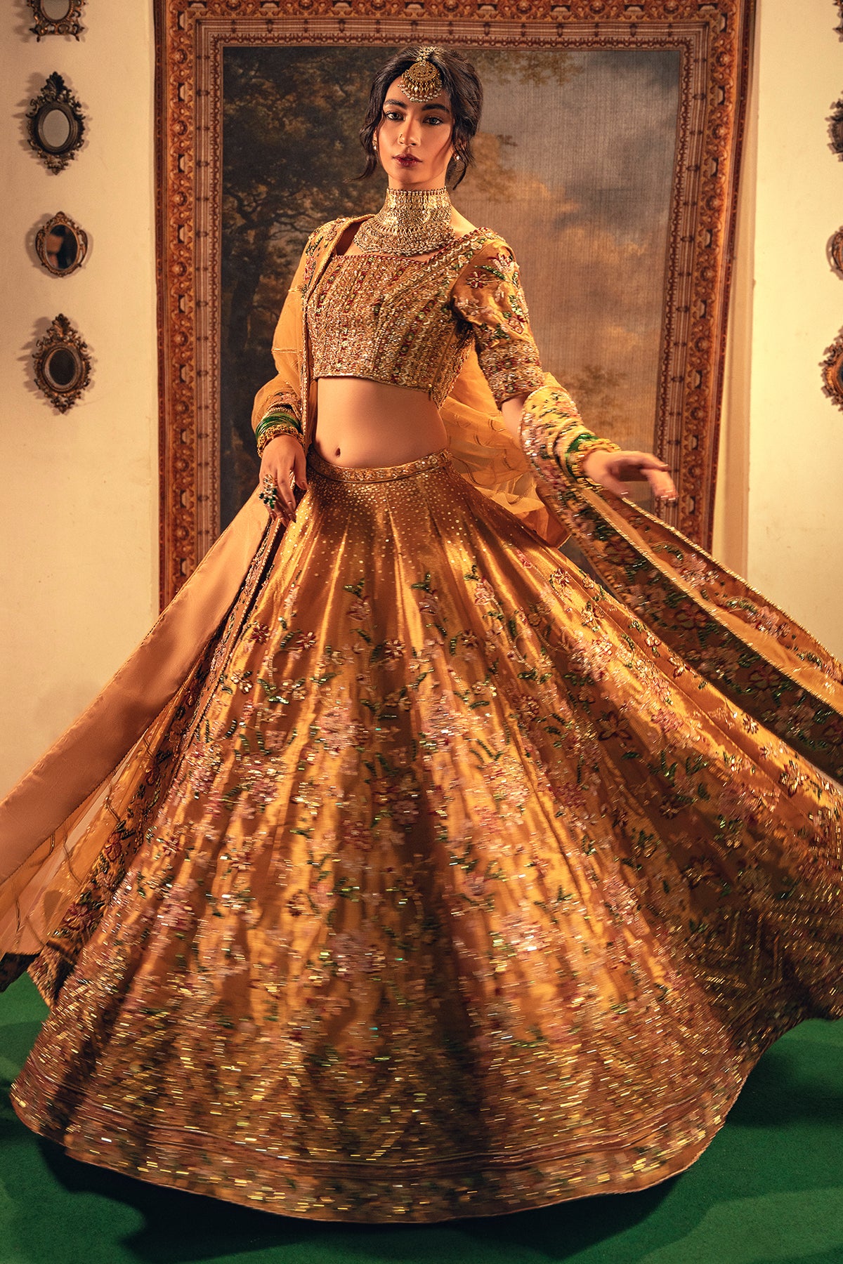 Pakistani Antique Gold Zardozi Masoori Silk Bridal Lehenga (3-Piece) - Image 5