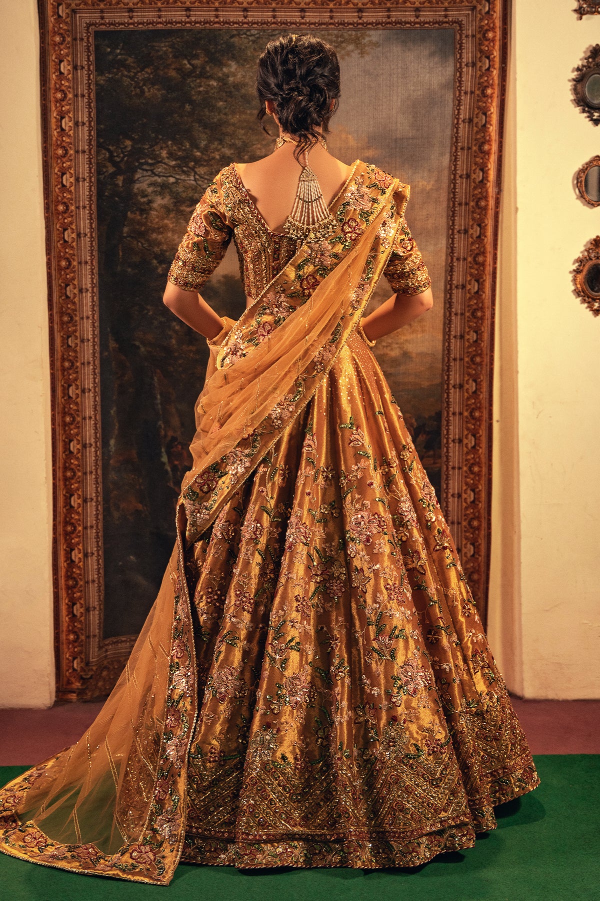 Pakistani Antique Gold Zardozi Masoori Silk Bridal Lehenga (3-Piece) - Image 6