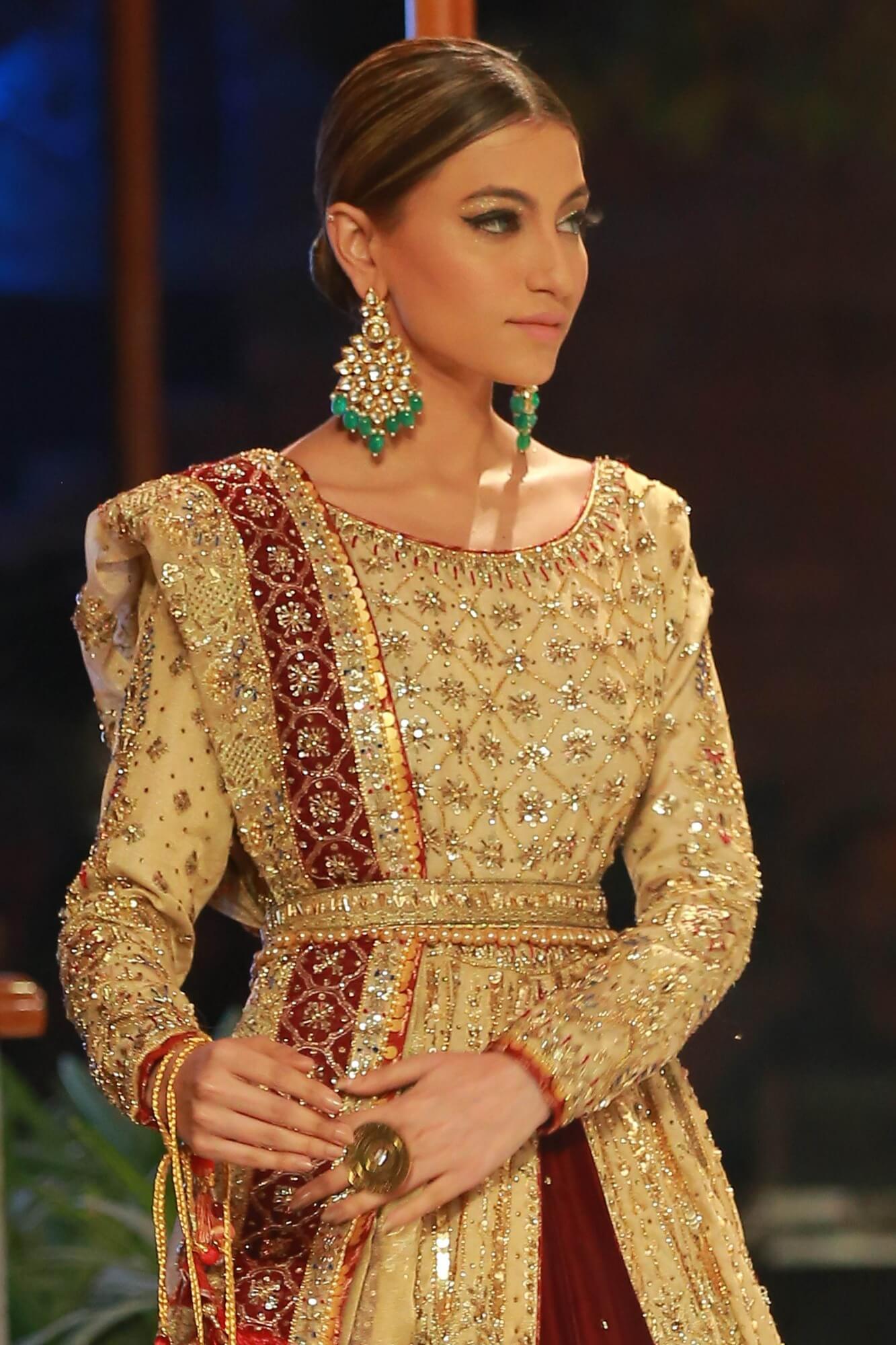 Pakistani Gold & Maroon Embroidered Velvet Bridal Lehenga (3-Piece) - Image 1