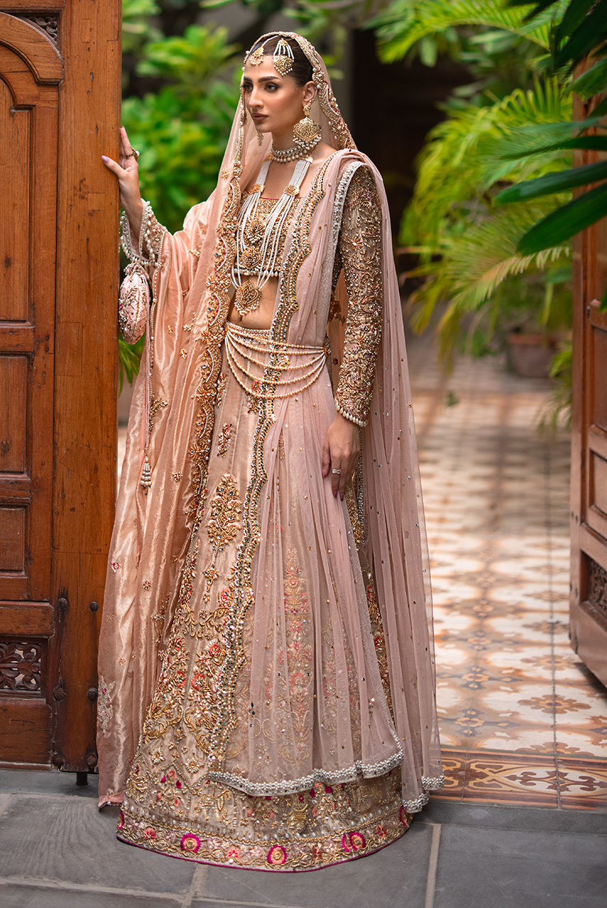 Gold & Blush Pink Embellished Maysuri Bridal Lehnga Choli (3-Piece) - Image 1