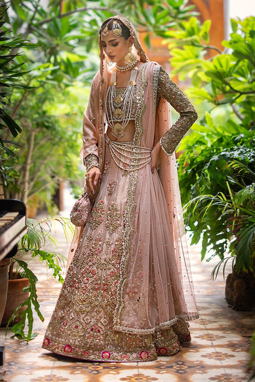 Gold & Blush Pink Embellished Maysuri Bridal Lehnga Choli (3-Piece) - Image 3