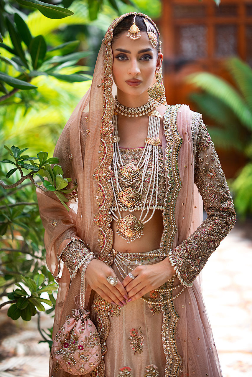 Gold & Blush Pink Embellished Maysuri Bridal Lehnga Choli (3-Piece) - Image 5