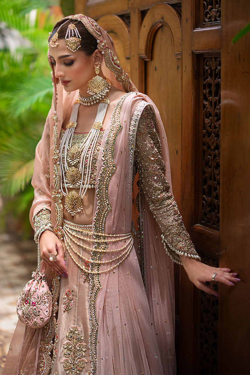 Gold & Blush Pink Embellished Maysuri Bridal Lehnga Choli (3-Piece) - Image 6