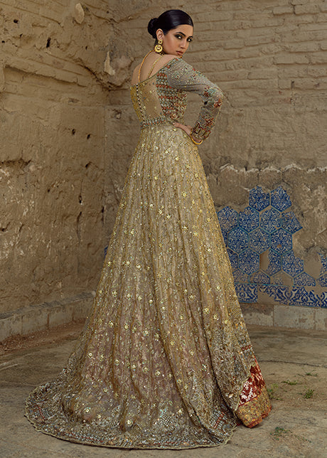 Pakistani Bronze Honey Gold Embellished Mesori Bridal Lehenga (3-Piece) - Image 2