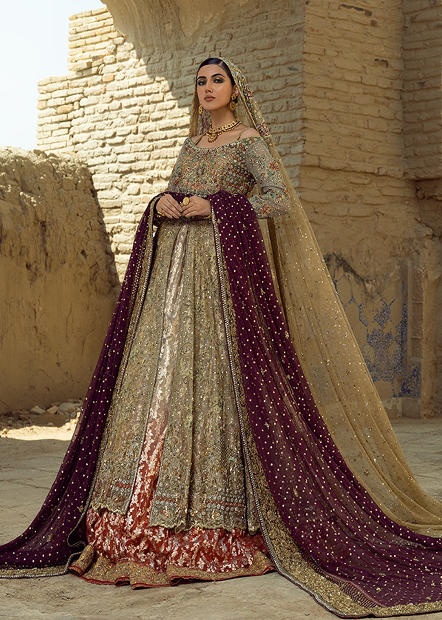 Pakistani Bronze Honey Gold Embellished Mesori Bridal Lehenga (3-Piece) - Image 3