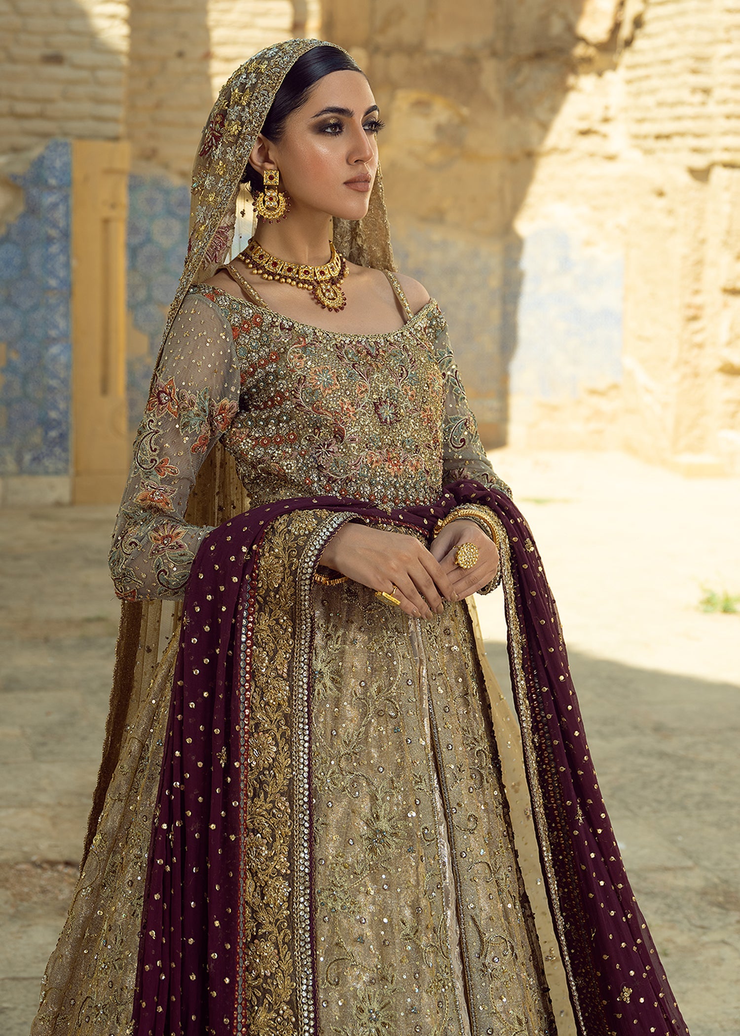 Pakistani Bronze Honey Gold Embellished Mesori Bridal Lehenga (3-Piece) - Image 4